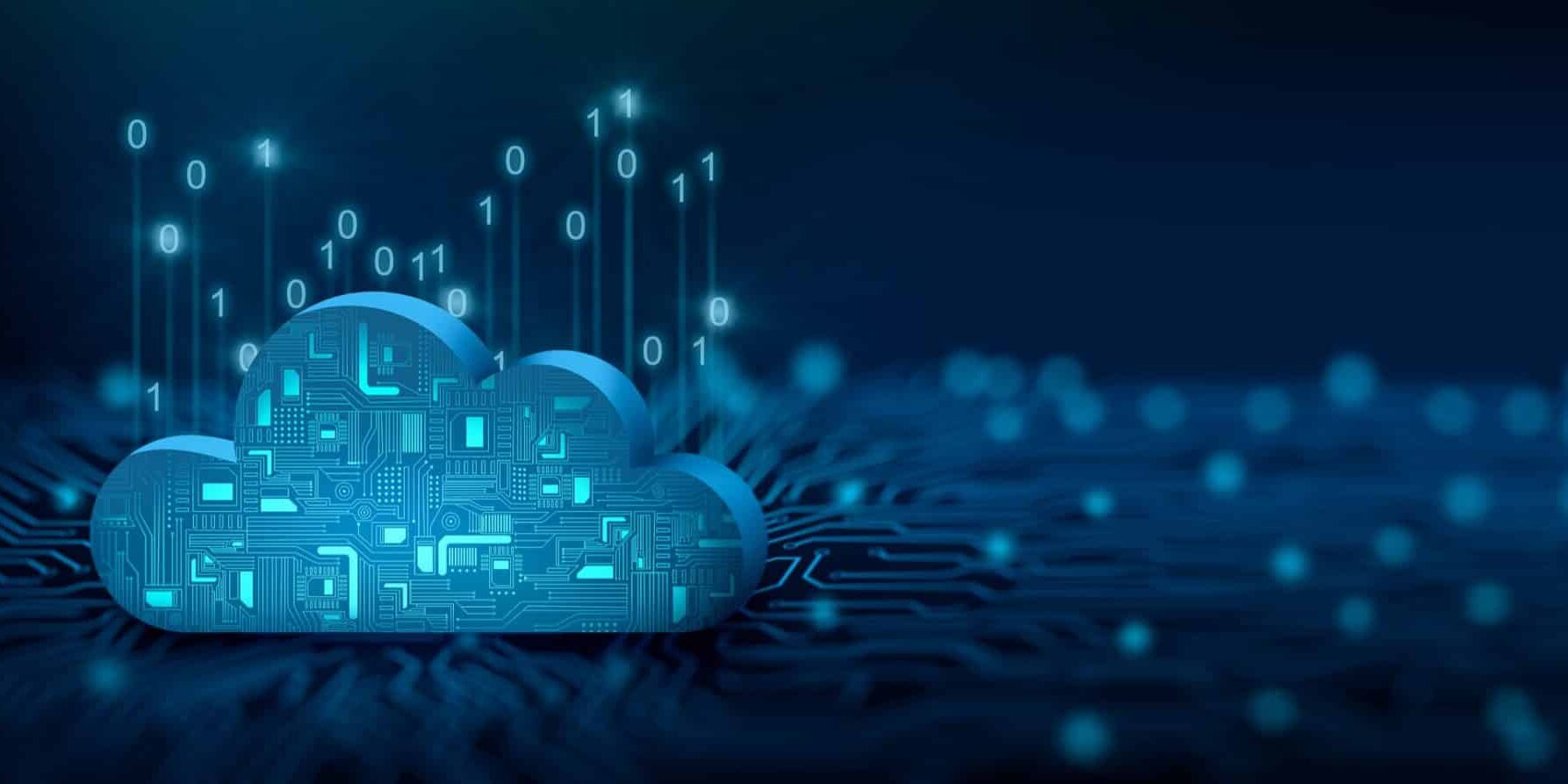 Cloud computing technology internet on Converging point of circuit with Abstract blue background. Cloud Computing, Cloud Technology, Cloud Service, Cloud Storage Concept. 3D illustration.